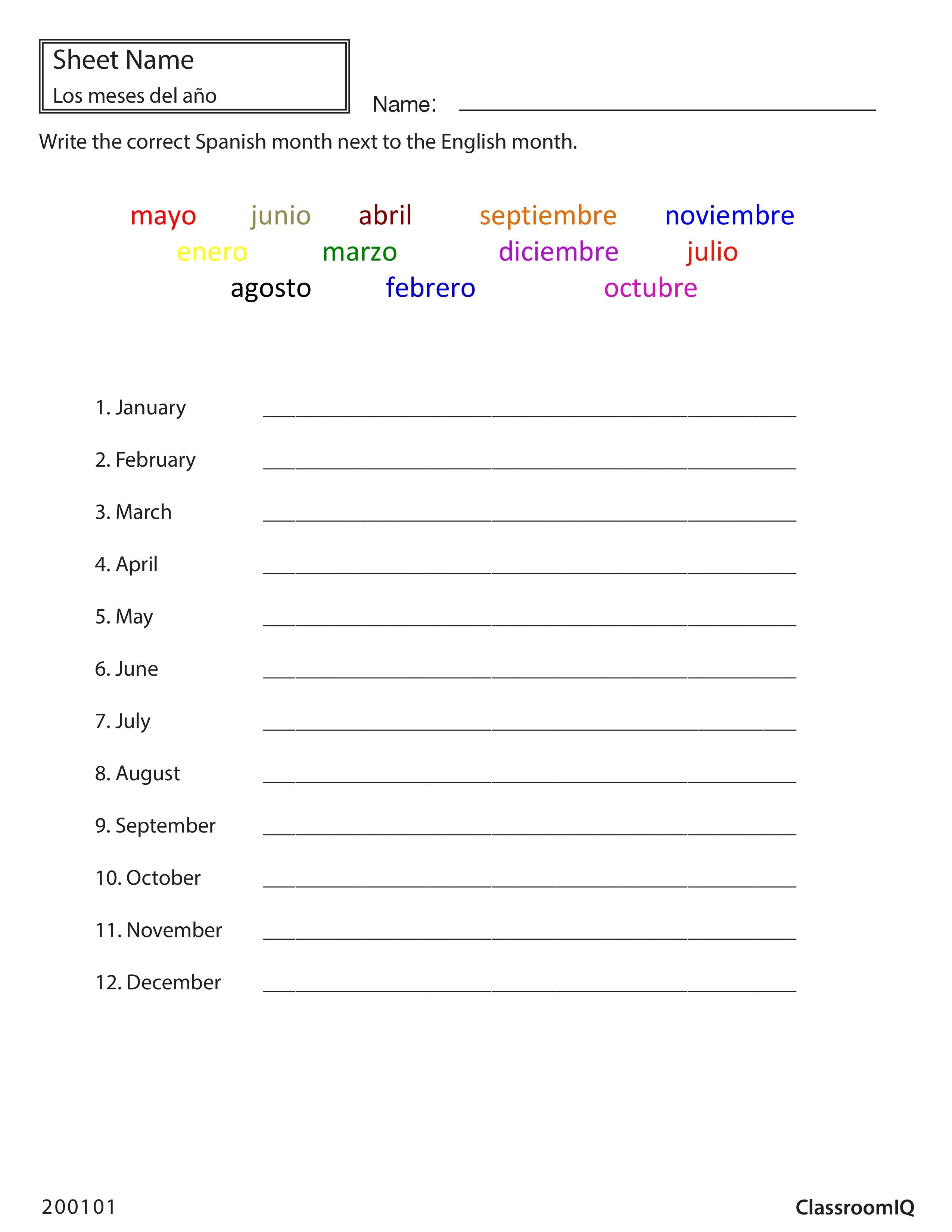 Printable Spanish Worksheets Months